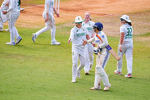 Shafali Verma being greeted by South African players for her double century 